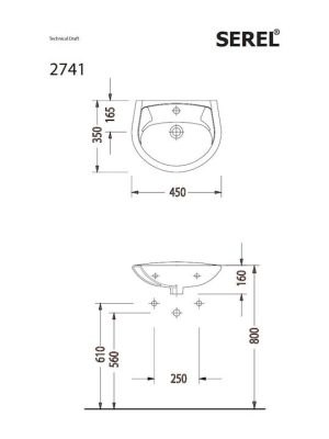 Serel 2741 Επιτοίχιος Κρεμαστός Νιπτήρας Πορσελάνης 45x35cm Λευκός